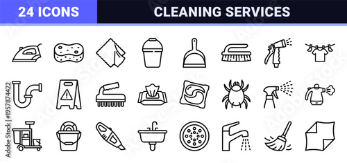Professional Cleaning Services and Housekeeping Monoline Icons Featuring Minimalist Geometric Outline Symbols for Sanitation and Hygiene Maintenance