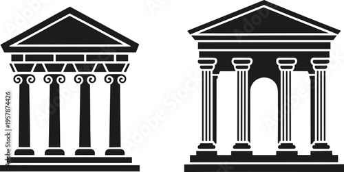 Ancient Greek temple building vector icons, black silhouette of Roman columns for bank and courthouse architecture