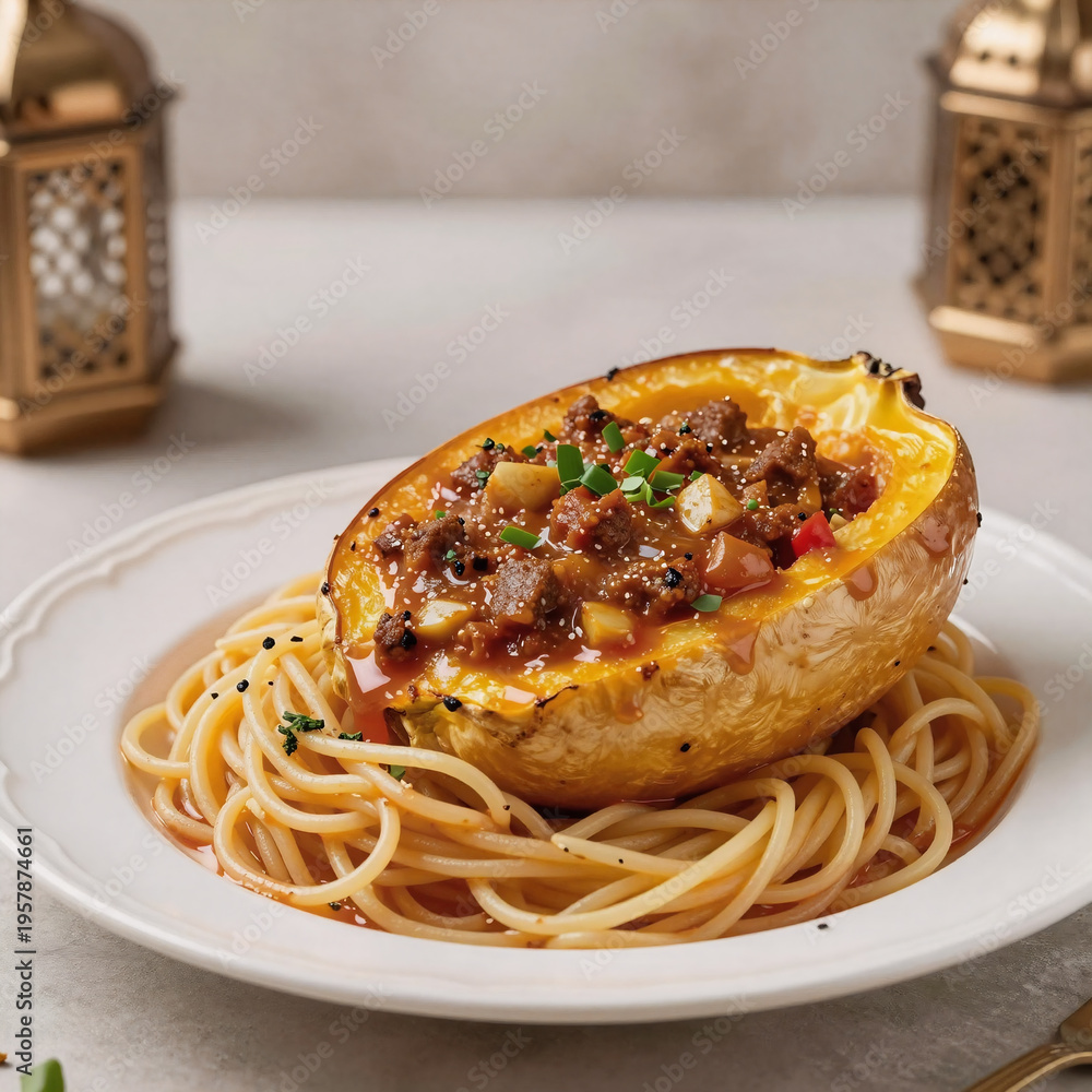 Fototapeta premium Traditional Chinese Painting Eid Rich. Stunning Photographic Image Of Vegan Bolognese-Topped Spaghetti Squash In 8K During Eid Ul Adha