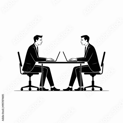 Two businessmen sitting at table with laptops office work meeting colleagues professionals