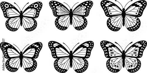 Butterfly silhouette vector icon set, black monarch butterfly wing designs for nature, spring, and beauty concept