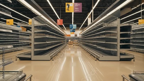 A perspective shot of an empty store aisle, showcasing rows of bare shelves and fluorescent lighting