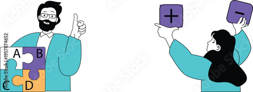 Collaboration and problem-solving with visual aids and teamwork symbols