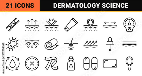 Dermatology and Advanced Skincare Science Icon Set featuring Minimalist Geometric Line Art for Medical Aesthetics and Cosmetic Lab Utility.