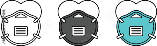 Set of three minimalist N95 respirator mask icons for medical safety air pollution protection and healthcare industrial concepts isolated on white.