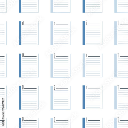 Simple pattern of lined paper notes with blue borders and paperclips on white