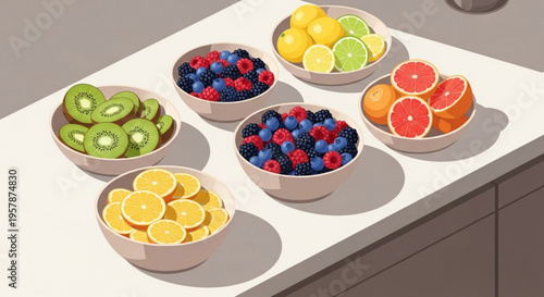 Assorted fresh fruit bowls on kitchen countertop healthy snacks
