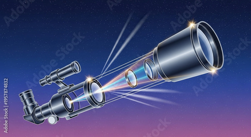 Telescope with glowing light beams on a starry night sky background illustrating astronomy and stargazing
