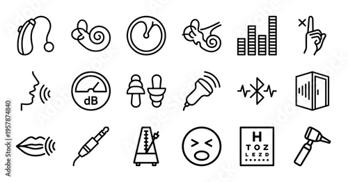 Audiology and Sound Perception Geometric Line Art Collection Featuring Ear Anatomy and Auditory Signal Processing for Sensory Health Apps