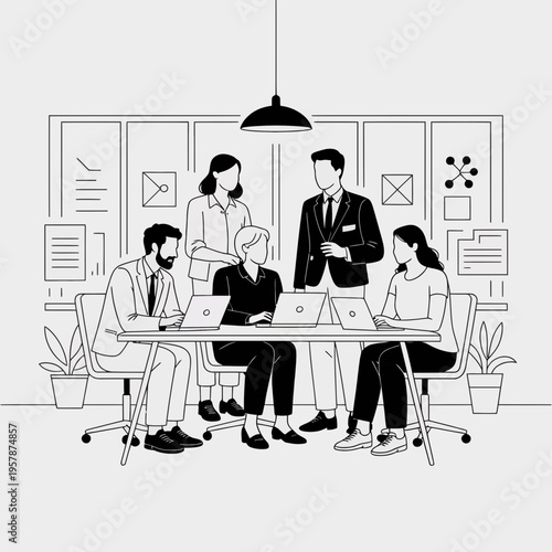 Business team meeting with laptops in office coworkers discussion collaboration