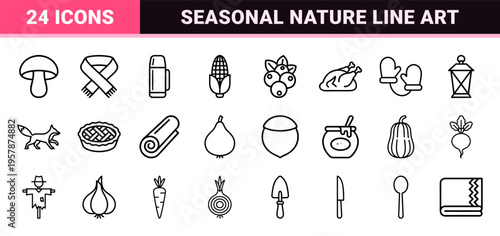 Autumn Seasonal Line Art Graphic Elements Featuring Harvest Produce and Weather Protection Symbols in Ultra Minimalist Geometric Monoline Style