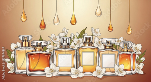 Perfume bottles with flowers and oil drops on a gradient brown background luxury fragrance concept