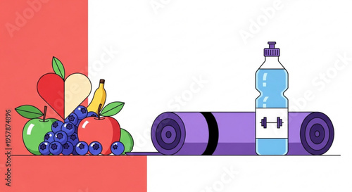 Healthy fitness essentials with fruit yoga mat and water bottle for exercise and wellness routine