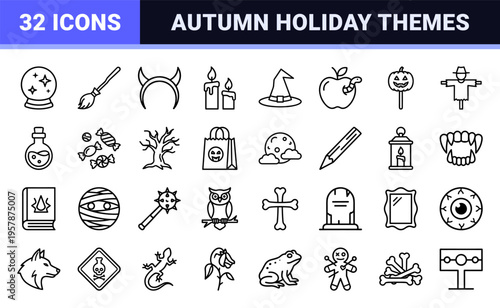 Halloween Celebration Elements and Spooky Holiday Symbols in Minimalist Monoline Aesthetic for Graphic Design Projects