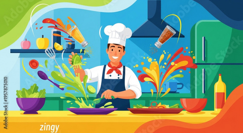 Smiling chef cooking colorful salad in kitchen with splashing vegetables and sauce