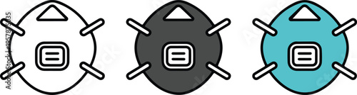 Set of three minimalist N95 respirator mask icons for medical safety air pollution protection and healthcare industrial concepts isolated on white.