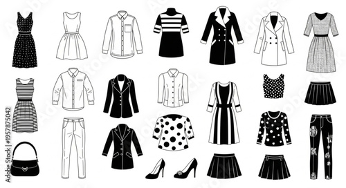 Collection of Fashionable Womens Clothing and Accessories in Black and White.