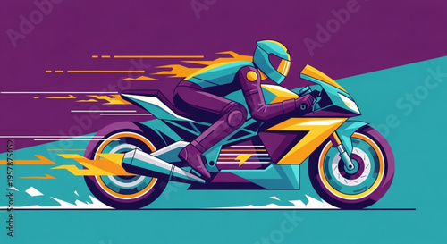 Motorcyclist riding fast on a racing bike with flames speed and motion blur on a purple and teal background