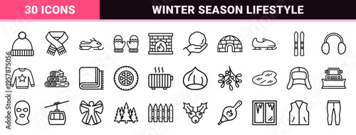 Winter Season and Cold Weather Lifestyle Elements in Minimalist Monoline Aesthetic for High-End Digital Interface and Editorial Design