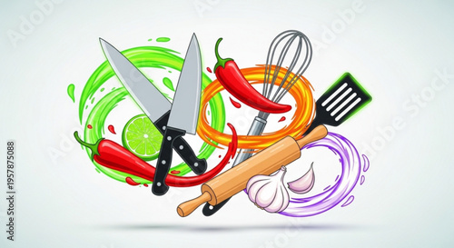 Kitchen utensils and ingredients in colorful swirls for cooking and recipes