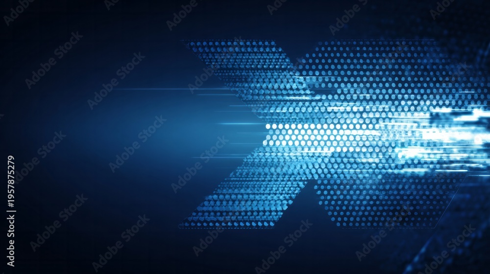 Naklejka premium Digital flow with blue illuminated geometric pattern moves rapidly across a dark background