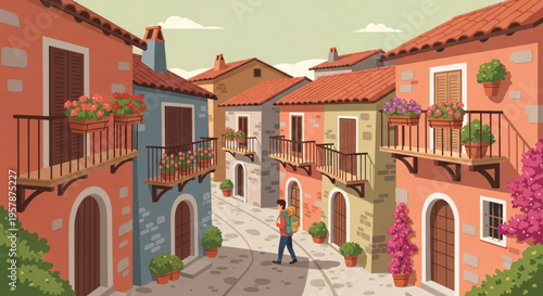 Colorful mediterranean village street with a person walking down the cobblestone road surrounded by potted plants and flowers