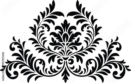 Vintage floral damask ornament vector, black symmetrical scroll leaf design for luxury wedding and invitation decoration