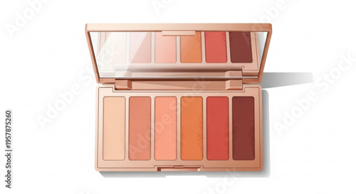 Open rose gold makeup palette with various eyeshadow shades on white background