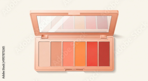 Open peach colored makeup palette with assorted blush shades on beige background