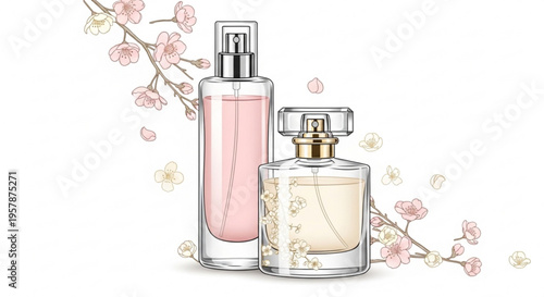 Two elegant perfume bottles with floral design and pink liquid on white background with cherry blossoms