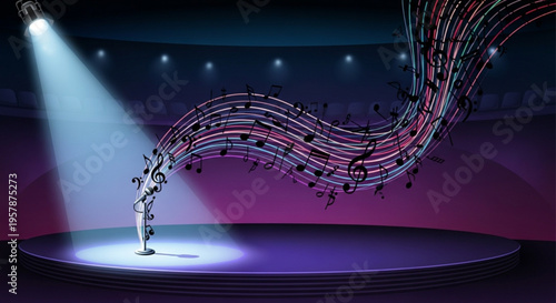 Musician performs on stage with colorful musical notes swirling around spotlight shining down creating a vibrant atmosphere