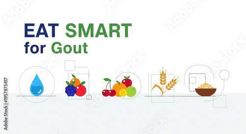 Healthy food and drink for gout management eat smart wellness concept with fruit water and grains