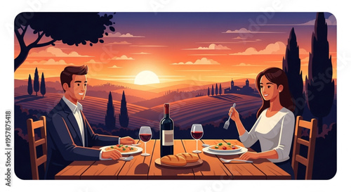 Couple enjoying romantic dinner at sunset in tuscany vineyard with wine and food