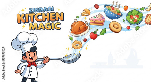 Cartoon chef conjures colorful food with magic spoon kitchen illustration
