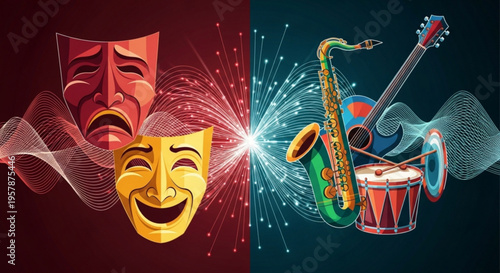 Theatrical masks and musical instruments for drama and music performance art