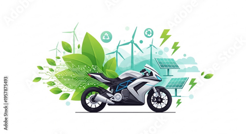 Eco friendly electric motorcycle with solar panels and wind turbines in green background