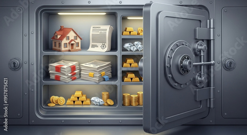 Open gray metal safe with gold coins cash and house model inside symbolizing financial security and savings
