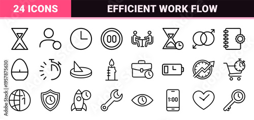 Minimalist Monoline Chronometry Symbols and Time Management Graphic Line Art for Corporate Scheduling and Productivity App Interface Design