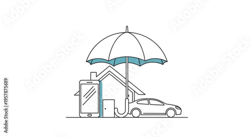 Insurance protection concept with umbrella covering house car and solar panel