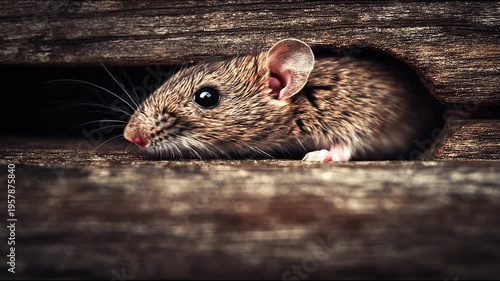 Mouse peeking out of wooden hole in close up view