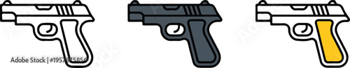 Set of three minimalist handgun icons for self defense security law enforcement and shooting sport concepts isolated on white.