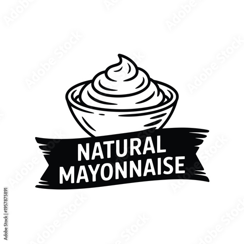 A vintage style illustration of mayonnaise in a bowl with a ribbon label