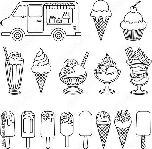 Ice cream truck and dessert vector icons set, line art of popsicles and sundae for summer