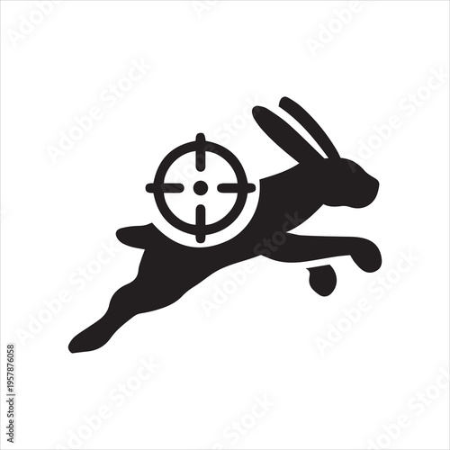 Running rabbit with target icon. Hunting target and wildlife aim concept. Monochrome black and white symbol