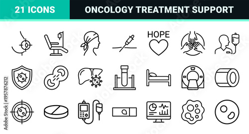 Oncology and Cancer Care Linear Icon Set: Minimalist Monoline Geometric Line Art for Medical Research and Healthcare Support Design
