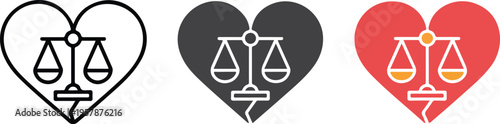 Set of three minimalist heart icons with scales of justice for legal equality human rights and ethical law concepts.