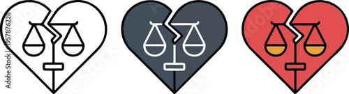 Set of three minimalist heart icons with scales of justice for legal equality human rights and ethical law concepts.
