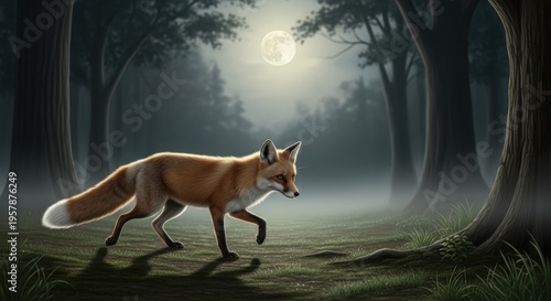 A Red Fox with a Bushy Tail Navigates a Moonlit Forest Path Amidst Foggy Night