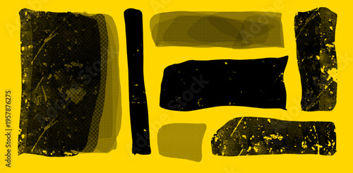 Yellow and black grunge paint splash button design with textured keyboard style symbols