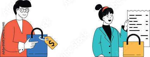 Two individuals discussing shopping and receipts with shopping bags